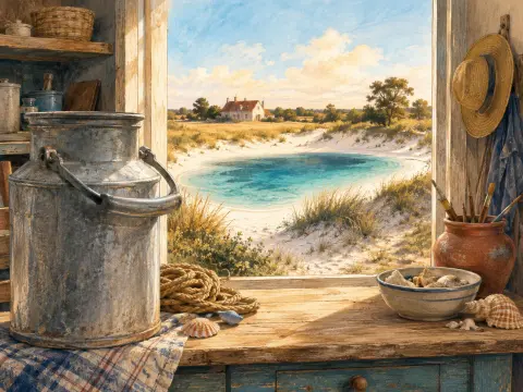 A rustic windowsill with a large milk can, rope, and shells framing a bright turquoise desert oasis and distant cottage.