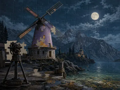 A weathered windmill on a rocky lake shoreline beneath a full moon and rugged mountains at night.
