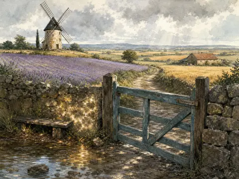 A rustic wooden gate opens onto a dirt path leading past lavender fields toward a hillside windmill.