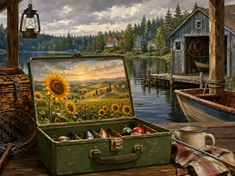 An open green tackle box on a wooden dock features an inner lid painted with rolling hills of sunflowers by a lake.