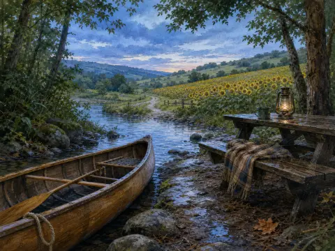 A wooden canoe rests by a riverbank picnic table overlooking rolling hills and a blooming sunflower field at twilight.