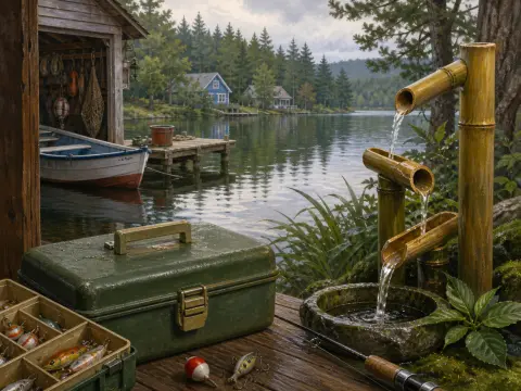 Fishing tackle box, lures, and a tiered bamboo fountain on a wooden dock overlooking a lake with a rustic boathouse.