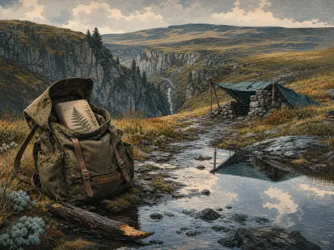 A canvas backpack and stone shelter sit beside a reflective stream overlooking a deep mountain ravine.