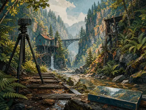 A camera on a tripod stands along a path overlooking a forested gorge with a blue wooden mill and waterfall.