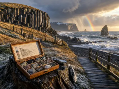 A wooden box of rock samples on a stump overlooking basalt cliffs, ocean surf, and a distant rainbow.