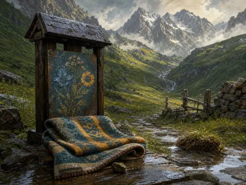 A wooden shrine and folded patterned blanket sit along a wet rocky trail leading into a rugged mountain valley.