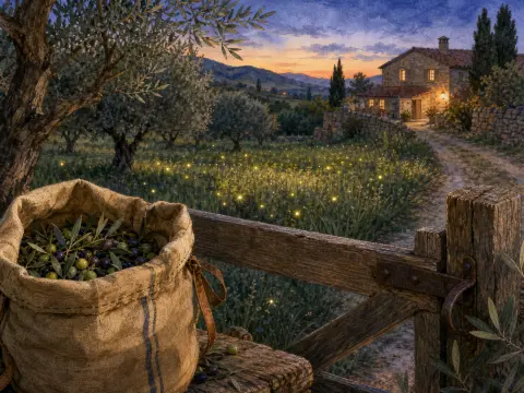 Burlap sack of harvested olives on a wooden fence overlooking a firefly-lit meadow and stone cottage at dusk.