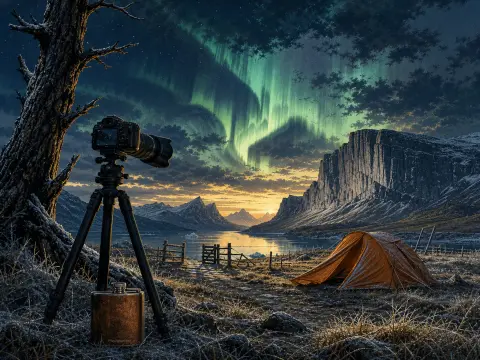 A camera on a tripod and an orange tent overlook a mountain fjord under glowing green northern lights.