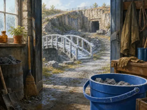 View through an open shed doorway toward a frosty wooden footbridge and a stone hillside tunnel.