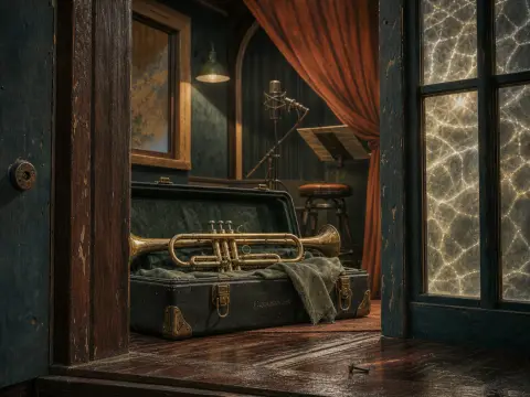 A brass trumpet resting in an open hard case on a wooden floor in front of a recording studio doorway.