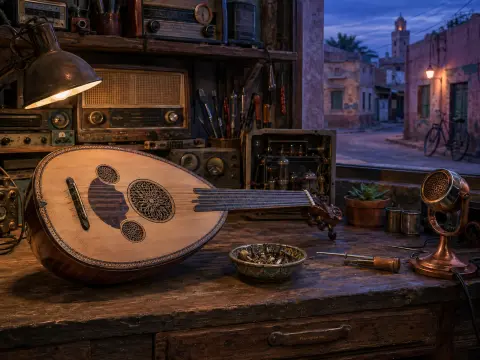 A wooden oud rests on a rustic workbench beside vintage radios and an open window looking onto a dusk street.