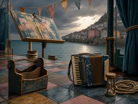 An accordion, wooden music stand, and hourglass sit on a tiled pier overlooking a coastal harbor village.