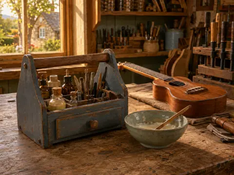 A small guitar, a blue wooden toolbox, and glue bowl on a sunlit luthier workbench by an open window.