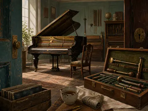 An open antique grand piano undergoing repair in a sunlit workshop with a wooden toolkit in the foreground.