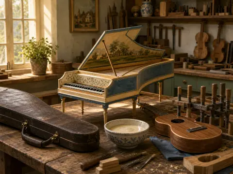 A miniature painted harpsichord rests on a wooden workbench surrounded by luthier tools, a guitar, and an instrument case.