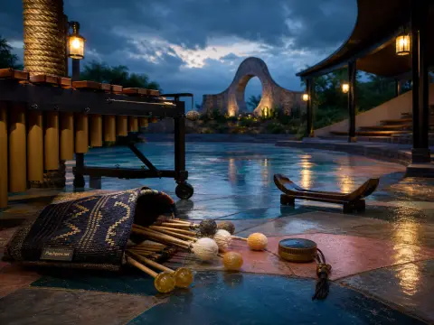 A marimba and scattered mallets on an outdoor tiled patio near a stone archway at dusk.