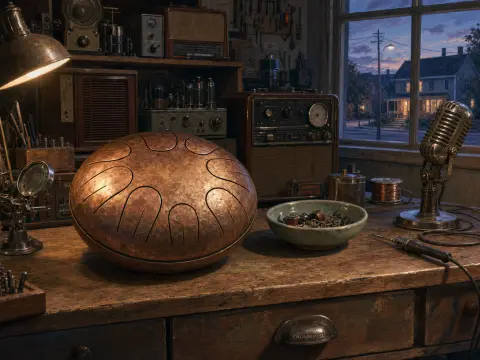 A copper steel tongue drum rests on a wooden workbench surrounded by vintage radios, a microphone, and a twilight window.