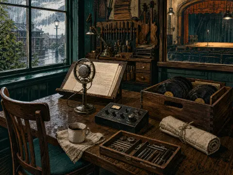 Vintage broadcast studio desk with microphone, vinyl records, and windows showing rain outside and a theater stage.