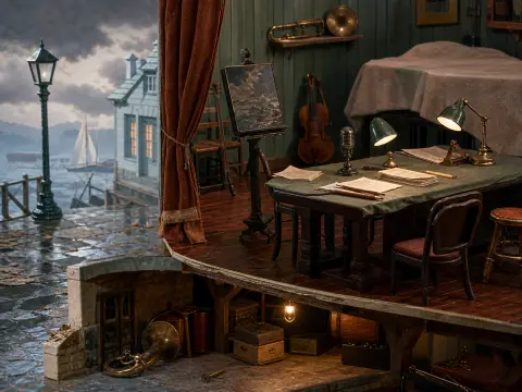 A miniature diorama showing a music studio beside a misty harbor, complete with desk lamps, instruments, and a cellar.