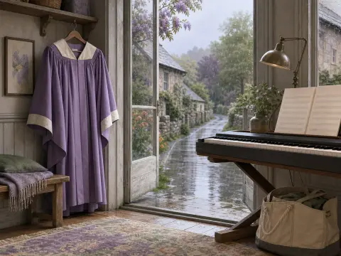 A purple choir robe and keyboard beside an open door overlooking a wet cobblestone village street in the rain.