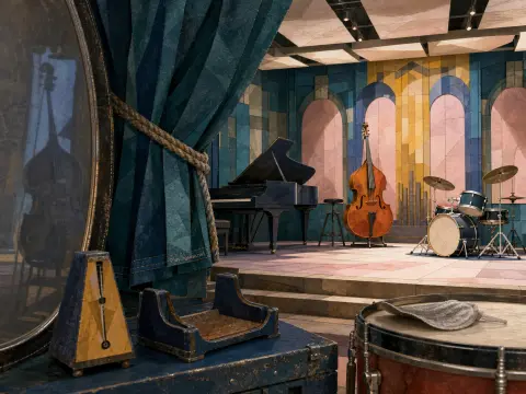 A stage set with a grand piano, upright bass, and drum kit viewed from behind a heavy draped curtain.