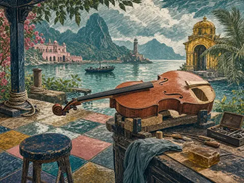 An unfinished cello rests on a workbench on a tiled terrace overlooking a bay with a lighthouse and palace.