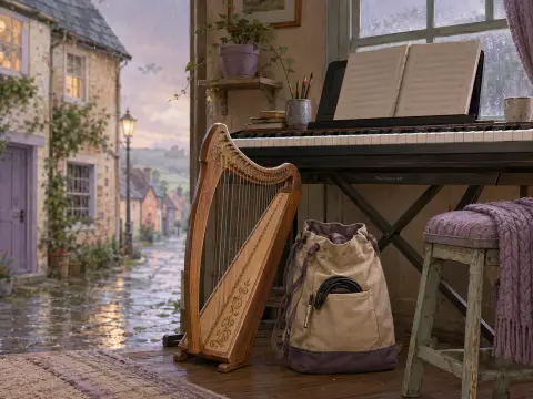 A wooden harp and digital piano beside an open doorway overlooking a rainy cobblestone village street.