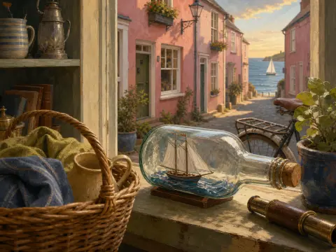 A ship in a bottle on a windowsill overlooking a cobblestone coastal street lined with pink houses and the sea.