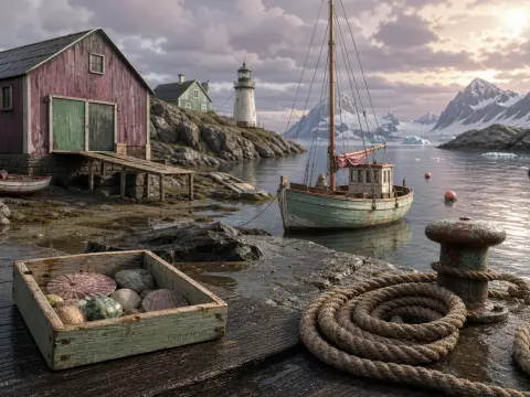 A small green fishing boat floats in a Nordic harbor with a seashell tray and coiled rope on the wooden pier.