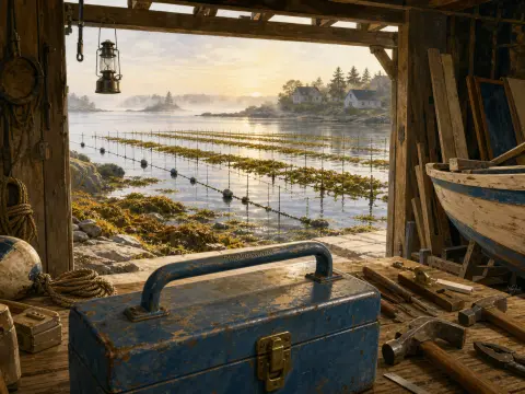 A rustic boathouse workbench with a blue toolbox and hand tools looking out onto a misty bay with aquaculture racks.