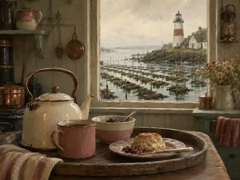 A rustic tea tray sits by a rainy window looking out onto a coastal bay and distant lighthouse.