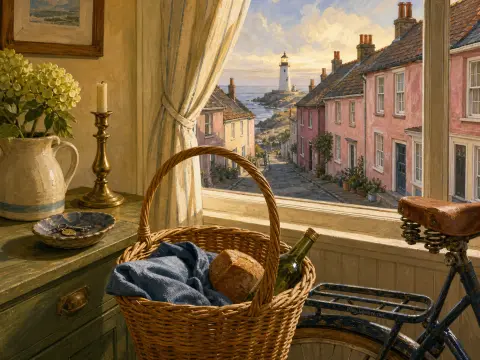 A window view of a seaside village street with colorful cottages and a lighthouse, with a picnic basket in front.