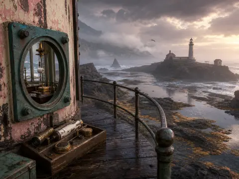 A weathered lighthouse balcony with brass instruments overlooks misty coastal waters and a distant lighthouse.