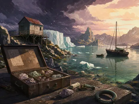 An open wooden chest filled with mineral specimens rests on a pier overlooking a bay with a sailboat and glaciers.