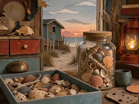A glass jar and tray filled with seashells rest on a table beside a glowing red lantern overlooking a beach sunset.