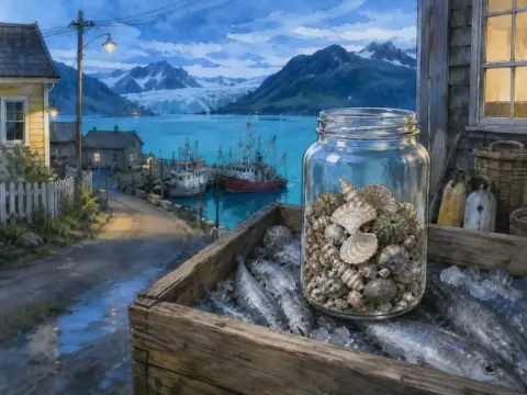 A glass jar filled with seashells atop a wooden crate of iced fish overlooking a harbor village and distant glacier.
