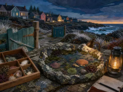 A stone basin filled with shells and sea life rests on a table overlooking a coastal village at dusk.