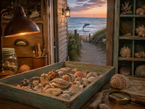 A rustic workshop filled with seashells opens to a coastal path and ocean where a dolphin leaps at sunset.