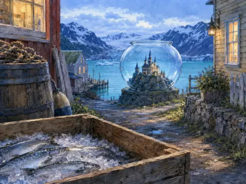 Fresh fish on ice beside a seaside path overlooking a glass fishbowl containing a miniature fairy-tale castle.