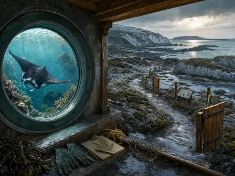 A circular window looks underwater at a swimming manta ray, beside a rocky coastal path leading to a distant lighthouse.
