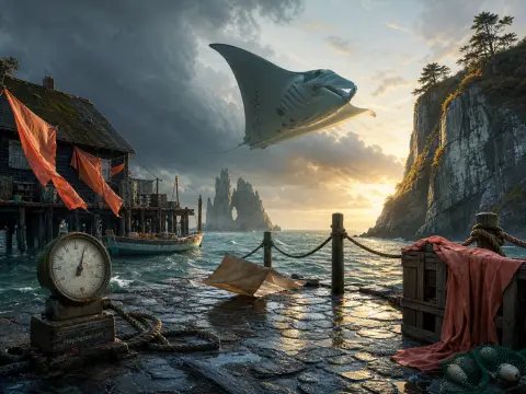 A giant manta ray flies through the cloudy sky above a rustic coastal pier and rocky sea cliffs at sunset.
