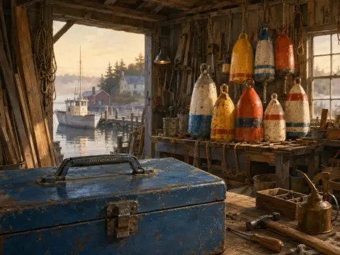 Rustic harbor workshop filled with colorful buoys and old tools, looking out toward a moored fishing boat.