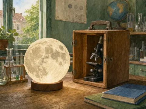 A glowing moon lamp and an antique microscope in a wooden box rest on a workbench in a vintage laboratory.