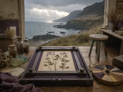 A wooden botanical press with dried purple flowers sits on a table overlooking rugged coastal cliffs and the sea.