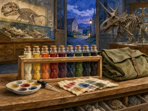 Vials of colorful dyes and thread bundles sit on a wooden table inside a museum room with dinosaur skeletons.