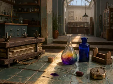 A sunlit apothecary worktable with a rainbow-filled flask, cobalt bottle, wooden press, and vintage tools.
