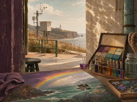 A pigment case, colorful test tubes, and a tabletop puzzle sit before an open view of a coastal lighthouse.