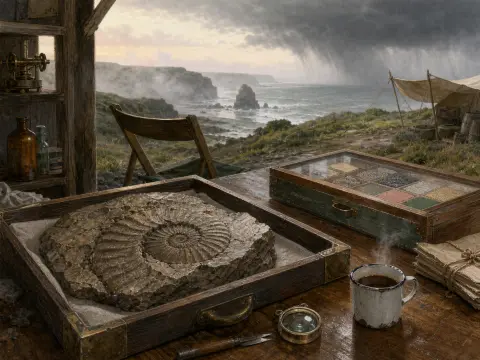 An ammonite fossil in a wooden case rests on a field desk overlooking a stormy coastal cliff and open sea.