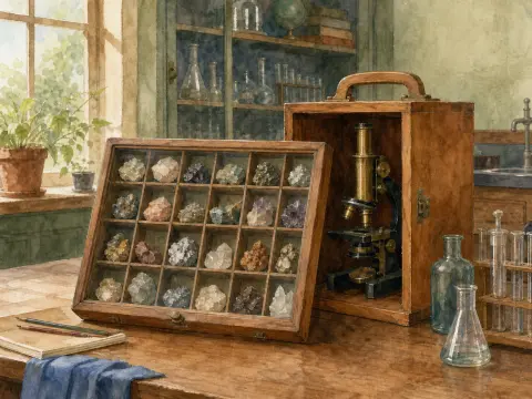 A wooden display case of mineral crystals and a brass microscope on a sunlit laboratory desk.