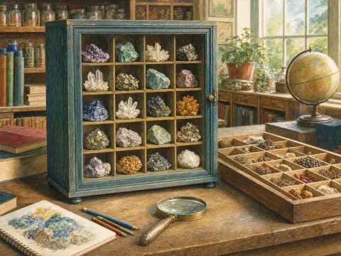 A teal specimen cabinet filled with colorful crystals sits on a wooden desk with a magnifying glass and globe.